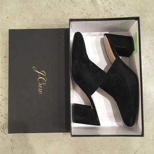 J Crew High Block Heel Mules in Suede, black